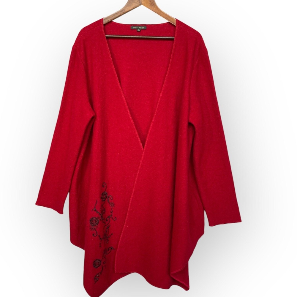 For Cynthia Cardigan Women XL Red Wool Embroidered Beaded Asymmetric Good